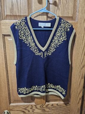 Navy V-Neck Sweater Vest with Gold Embroidered Trim